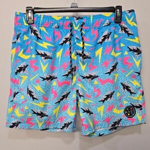 Maui & Sons Swim Trunks Pool Shorts Men XL Blue Blender Retro Neon 80s Shark Fun